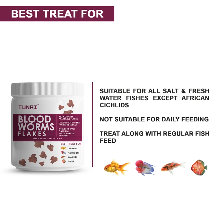 TUNAI Blood Worm Flakes | 50G| Supplement Treat For Gold Fish, Flowerhorn, Smal Koi, Discus Fish Food Enriched with 65% Protein (Blood Worms Dried Flakes - 50G) All Life Stages