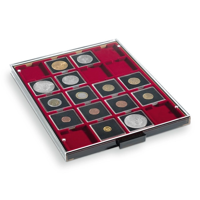 Coin Capsules/Holders Display Box (Red/Black), 20 Square Compartments 50 x 50 mm