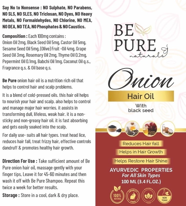 Be Pure Naturals Onion Hairoil with Black Seed oil that controls Hairfall, Dandruff, Damaged Hairs, Thin Hair, Split Hair & gives Healthy Growing Hair (100% Ayurvedic Oil, 100ml)