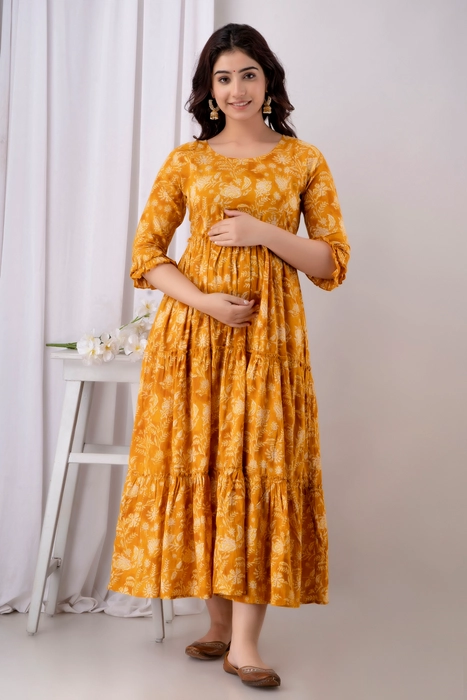 Mustard Flower Jaal Maternity Kurta - HENAL INC