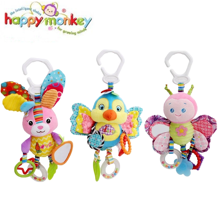 Happy Monkey Baby Plush Soft Animal Bed Mobile Bunny Rattle Infant Bed Hanging Stroller Toy HM