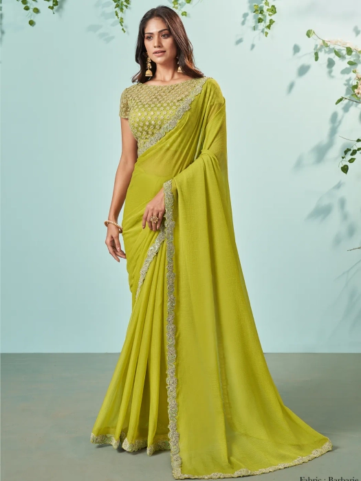 Lemon Yellow Resham Net Embroidered Wedding Saree -