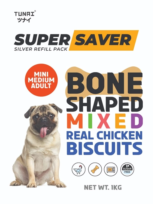 Tunai Super Saver Dog Biscuits | Dog Treats | Dog food | 1kg with Mixed Real Chicken Meat Flavoured Wag & Drool Worthy Bone Shaped Biscuits For Adult Medium Sized Dogs Like Golden Retriever, Chow Chow