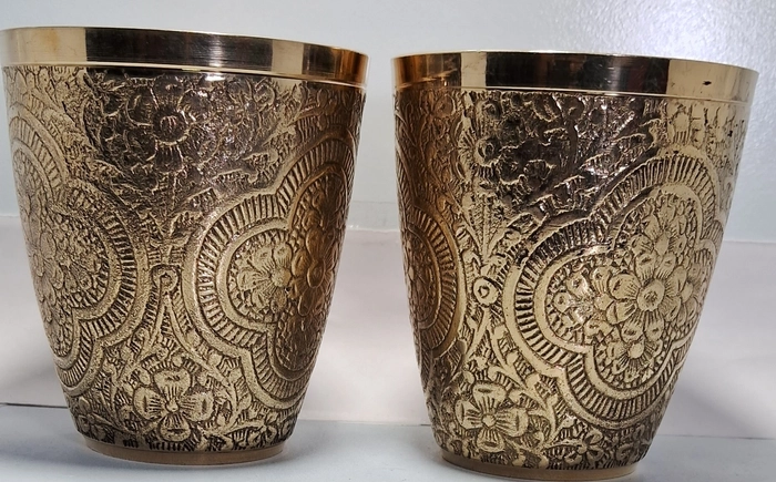 Ekum Designer Brass Glass set with floral design (Pack of 2)