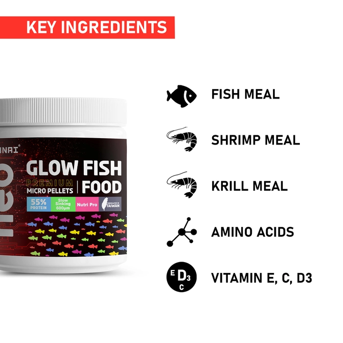 Tunai Glow Widow Fish Food | 40g | 55% Protein for Strong Tissue Growth| 600 Microns Slow Sinking Aquarium Guppy Food (40g - 600 microns Granules)