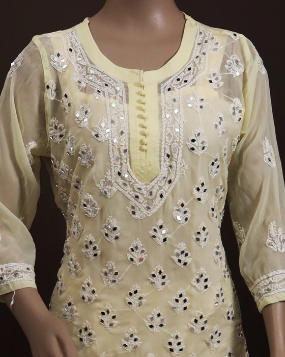 Off White Chikankari Kurti with Mirror Work | Ethnic Wear