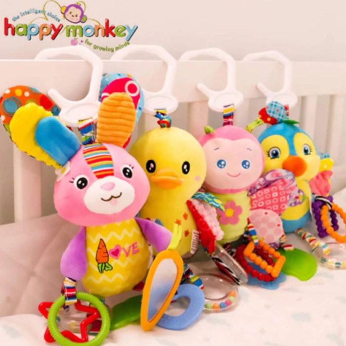 Happy Monkey Baby Plush Soft Animal Bed Mobile Bunny Rattle Infant Bed Hanging Stroller Toy HM