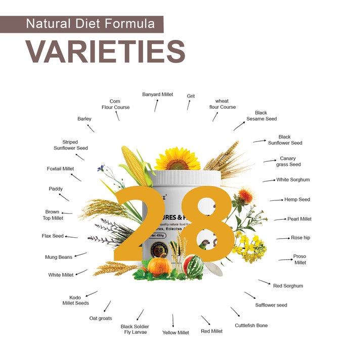 Tunai Natural + 28 Varieties of Native Millets, Seeds and Mineral Foods for Birds (Conures and Parrots, 450g)