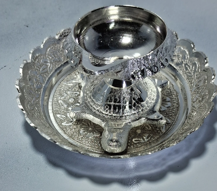 Puja and handicraft pure brass (silver coated) Kachua Kuber DIya/Tortoise design/oil lamp diya for home, office, mandir, Diwali Puja, Puja room (With bottom plate)