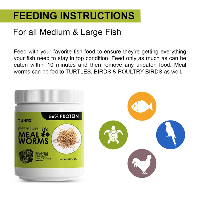 Tunai Freeze Dried Meal Worms |40g| Pefect Fish Food Treat for Medium and Large Size Aquarium Fish Like Arowana, Oscar, Red Parrot, Flower Horn, Can Be Also Fed to Turtle, Tortoize and Other Reptiles