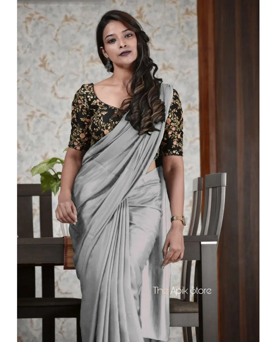 Zeena Grey Crepe Abstract Print One Minute Saree | Saree designs, Blouse  piece, Black saree