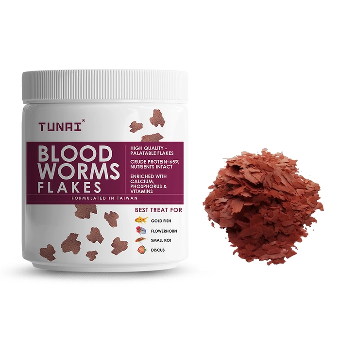 TUNAI Blood Worm Flakes | 50G| Supplement Treat For Gold Fish, Flowerhorn, Smal Koi, Discus Fish Food Enriched with 65% Protein (Blood Worms Dried Flakes - 50G) All Life Stages