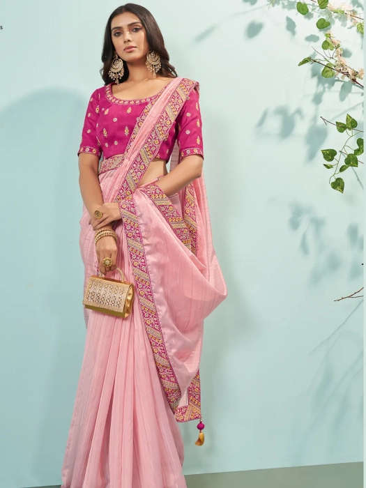 Buy Adorable Pink Fancy Zari Work Silk Reception Wear Saree - Zeel Clothing