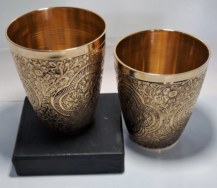 Ekum Designer Brass Glass set with floral design (Pack of 2)