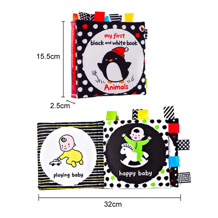 Newborn Baby Early Learning Development Educational Fabric Cloth Book Black and White Book with Colourful Labels