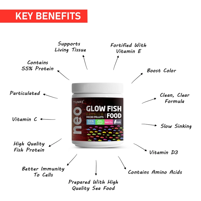 Tunai Glow Widow Fish Food | 40g | 55% Protein for Strong Tissue Growth| 600 Microns Slow Sinking Aquarium Guppy Food (40g - 600 microns Granules)