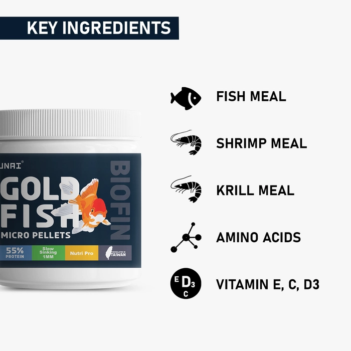 Tunai Gold Fish Food | 55% Protein Rich Premium Food| Enhance Color and Boost Fast Growth, Slow Sinking, Formulated in Taiwan as Exclusively Gold Fish Food for Aquarium, 1mm pellets