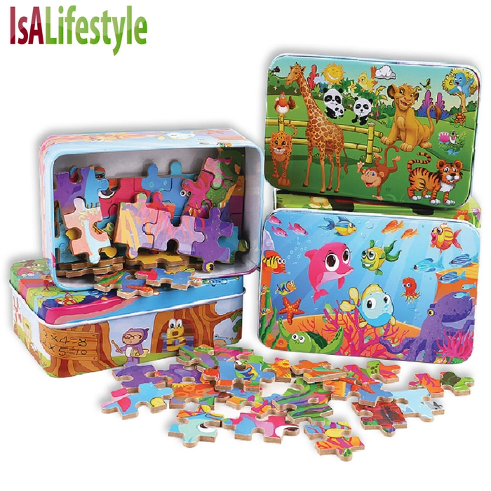 Kids puzzle Mini-Puzzle 60 Pcs Cartoon Wooden Puzzle with Small Tin Box Package