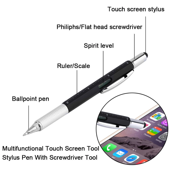 Touch Screen Stylus Ballpoint Pen with Screwdriver Spirit Level Scale Ruler 7 in 1 Multifunctional (Full Metal) Touch Screen Stylus Ballpoint Pen
