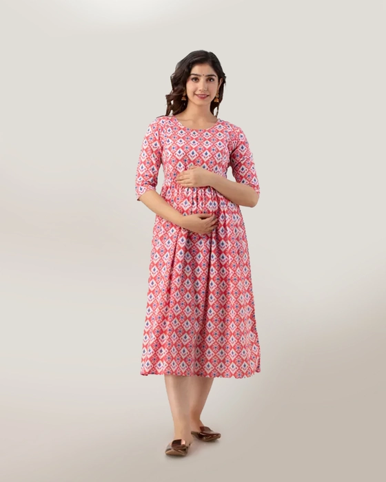 Buy HENAL Women's Cotton Maternity Dress Pregnancy Casual Long Sleeve Dual  Zipped for Feeding Nursing Comfort Kurta at