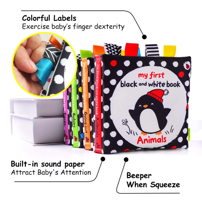 Newborn Baby Early Learning Development Educational Fabric Cloth Book Black and White Book with Colourful Labels