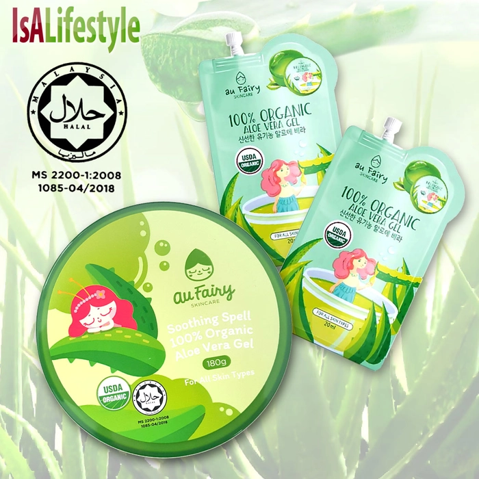 Au Fairy Aloe Vera Gel Soothing Spell 100% Organic 180g / 20ml Travel Pack Gel Halal Certified