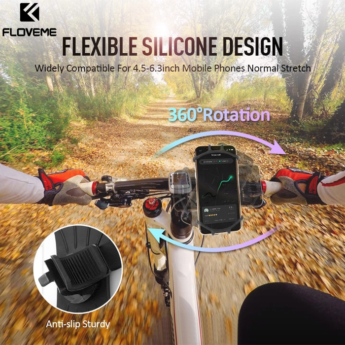 FLOVEME Silicone Bike Phone Holder (360 Rotating) Handlebar Clip Cell Phone Stand GPS Mount Bracket For Universal For 4.0-6.5 Inch