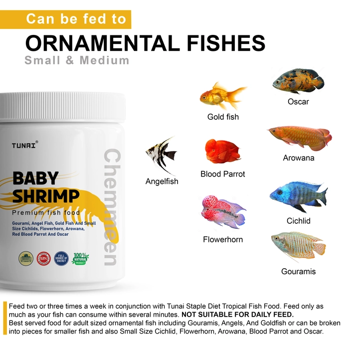 Tunai Chemmeen Pink Baby Whole Sun Dried premium Shrimp Fish Food Fortified With Full Source Of 52% Protein From Head To Tail, Essential For Natural Color Enhancement, Healthy Scales And Best Supp