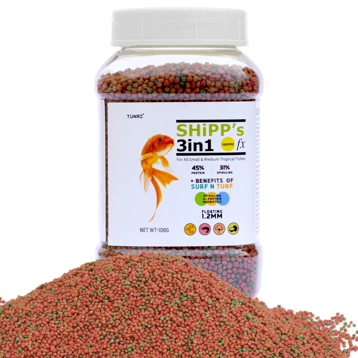 Tunai 3in1 Shipp (Spirulina, Hi-Protein and Probiotics) Fish Food for Aquarium | Aquarium Fish Food for All Small to Medium Tropical Fishes| Fish Feed for Growth, Color and Strength