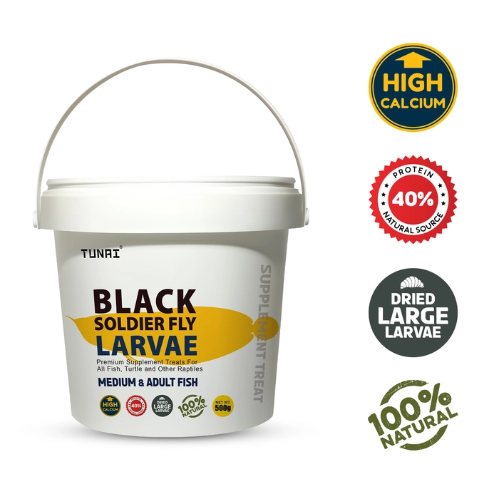 Tunai Black Soldier Fly Larvae Dried 60X More Calcium | 500g |, 40% Protein Rich Fish Food for Oscar, Arowana, Flowerhorn, Turtles & Other Reptiles of All Life Stages, Essential for Growth & Enhance C