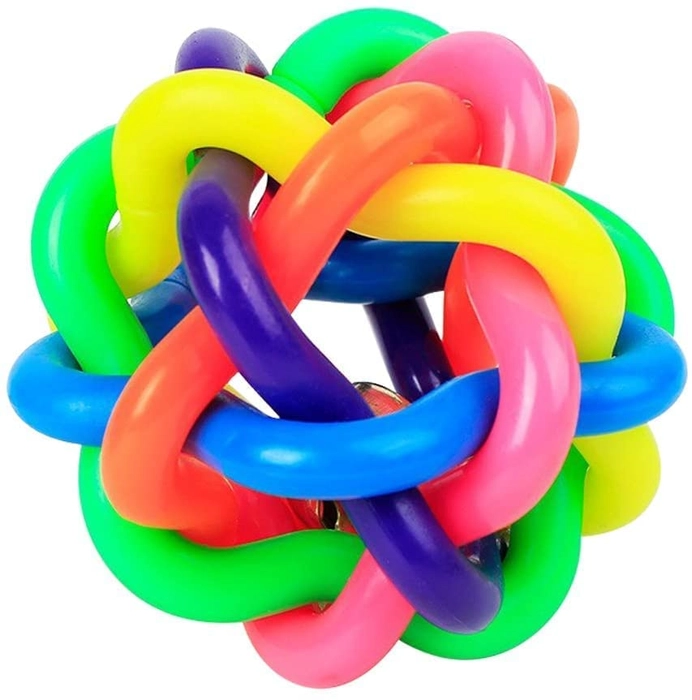 Tunai Interactive Multi Color Wire Knot Rubber Noodle Dog Ball Toy With Active Bell Sound, Essential For Training, Fetch & Play Purposes Better Than Frisbee For Small & Medium Adult Sized Dogs Like Go