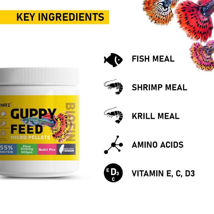 Tunai Guppy Fish Food with 55% Protein| 40g |600 Microns - Slow Sinking Micro Pellets| Guaranteed Tail Color Enhancement for Guppies, Taiwan Formula