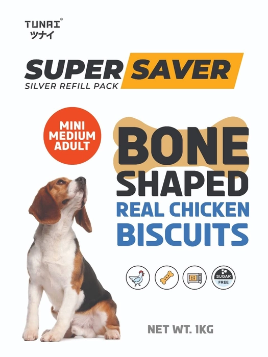 Tunai Super Saver Dog Biscuits | Dog Treats | Dog food | 1kg Real Chicken Meat Flavoured Wag & Drool Worthy Bone Shaped Biscuits For Adult Medium Sized Dogs Like Golden Retriever, Chow Chow, Cocker Sp