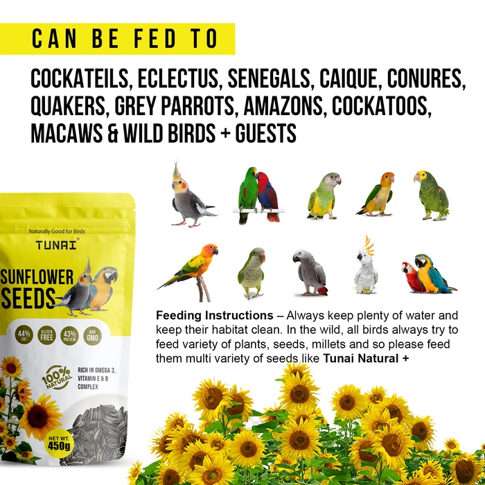 Tunai Sunflower Seeds | 450g | Perfect Bird Food For Conures, Eclectus, Senegals, Caique Parrots, Cockatiels, Small Conures, Quaker Parrots, Amazons, Cockatoos, Macaws, Grey Parrot, Fat Rich Bird Seed