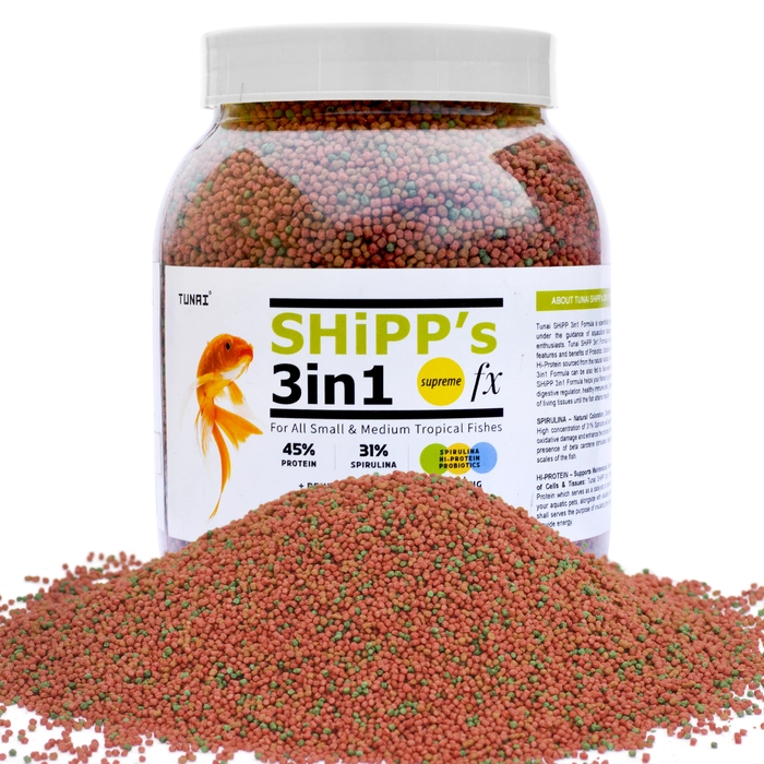 Tunai 3in1 Shipp (Spirulina, Hi-Protein and Probiotics) Fish Food for Aquarium | Aquarium Fish Food for All Small to Medium Tropical Fishes| Fish Feed for Growth, Color and Strength