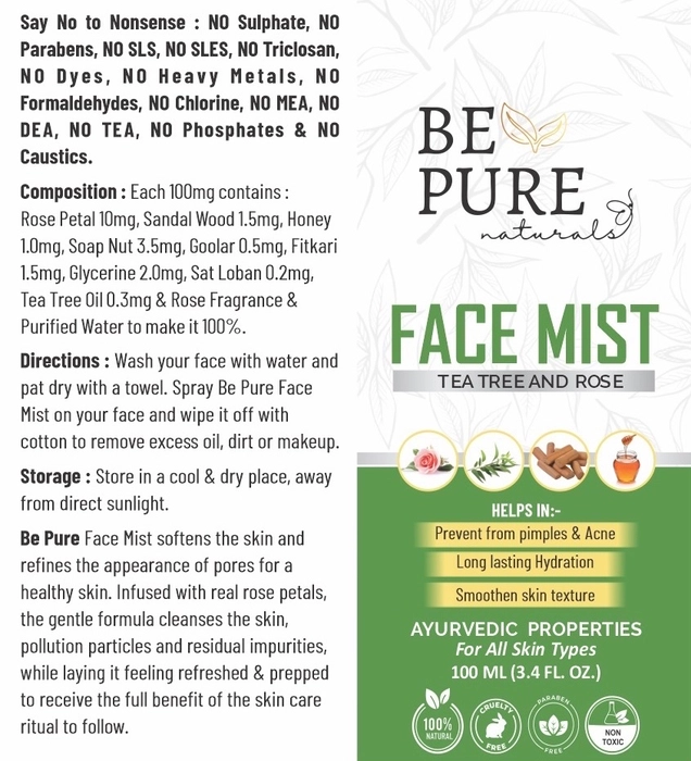 Be Pure Naturals Pimple Clear Face Mist, 100% solution for Acne, Pimples, Rashes, Sunburn, Itching & Allergies (100% Ayurvedic, 100ml)