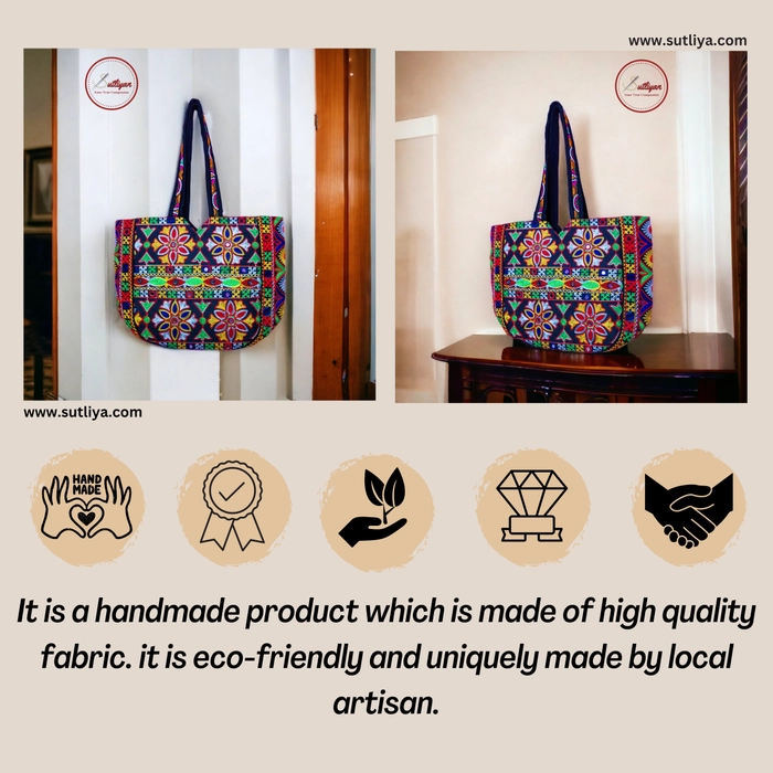 Canvas Embroidered Sutliyan Handmade Gujarati Multicolor Shoulder Bag,  Size: Large