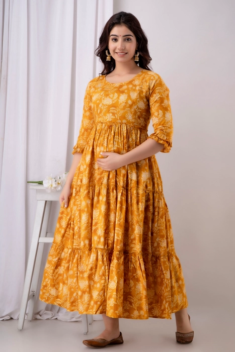 Mustard Flower Jaal Maternity Kurta - HENAL INC