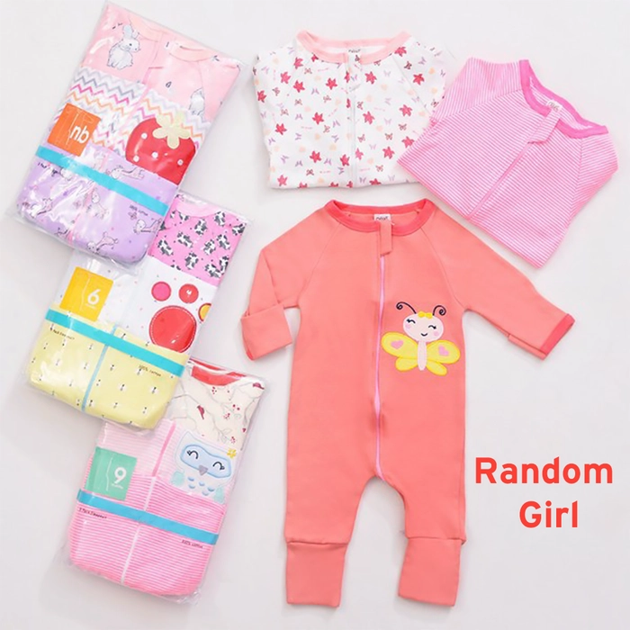 Newborn Zip Sleepsuit 100% Cotton Comfortable Baby Boy & Girl Jumpsuit Zip-up Sleepwear Baju Tidur Bayi Random Design 3-in-1 Pack