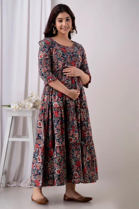 Blue Flower Jaal Maternity Kurta - HENAL INC