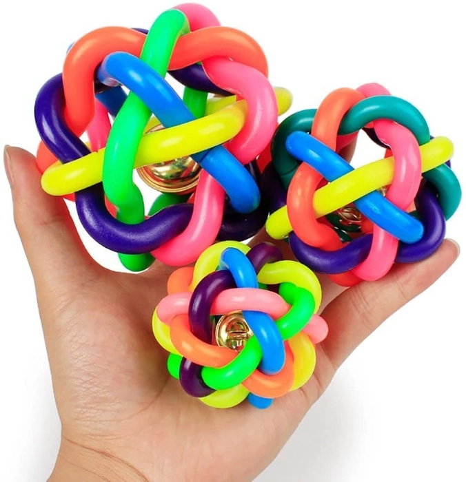 Tunai Interactive Multi Color Wire Knot Rubber Noodle Dog Ball Toy With Active Bell Sound, Essential For Training, Fetch & Play Purposes Better Than Frisbee For Small & Medium Adult Sized Dogs Like Go