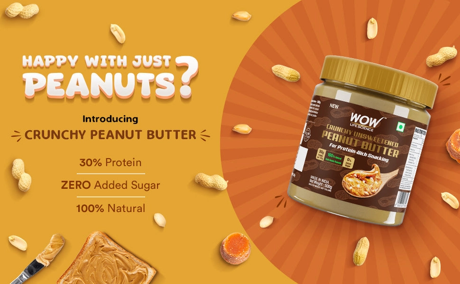 Buy Wow Life Science Crunchy Unsweetened Peanut Butter Online at Best Price