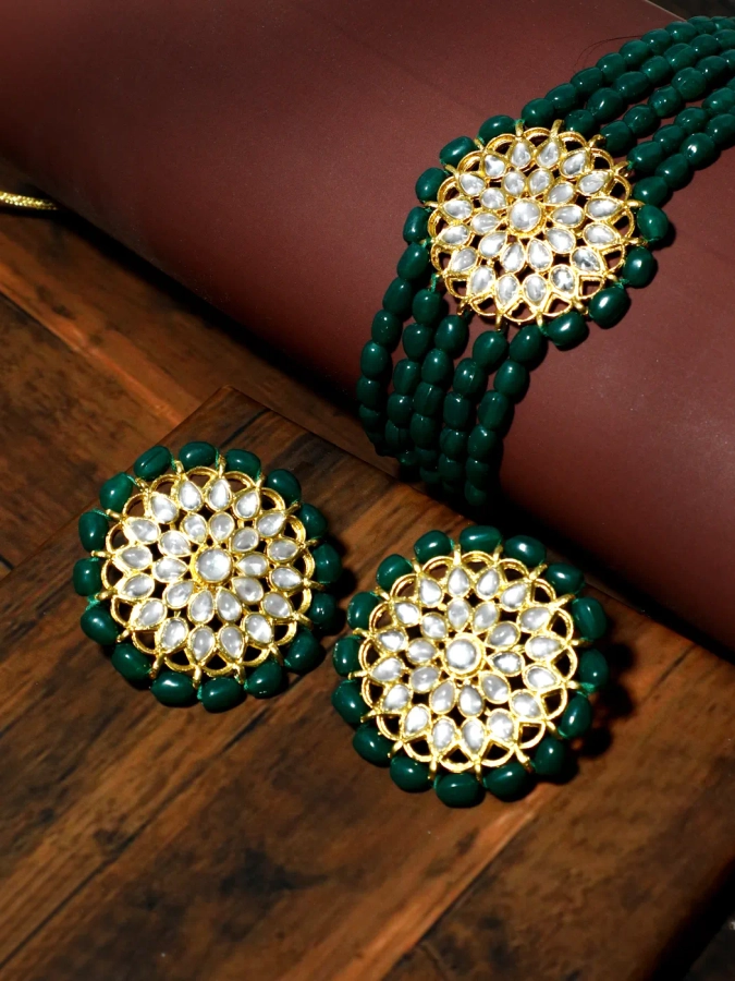 Green Meenakari Choker Necklace Set, Bridal Jewellery Set