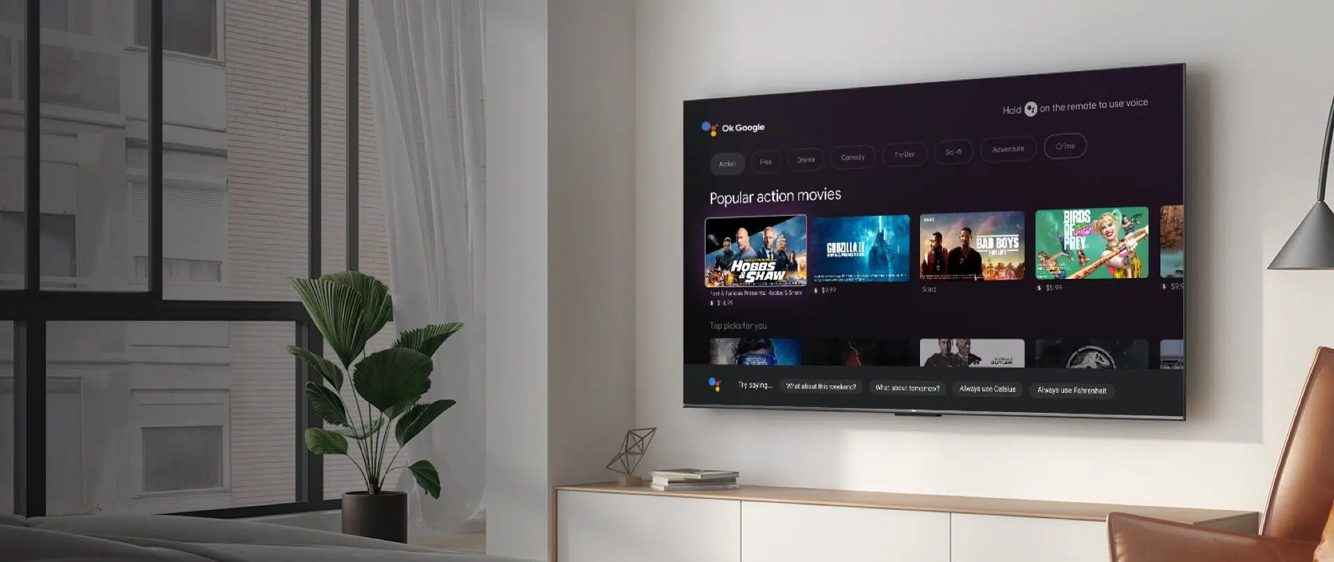 An image demonstrating the Google TV interface on the TCL C735 Smart TV, showcasing personalized content recommendations based on the user's interests and viewing history.