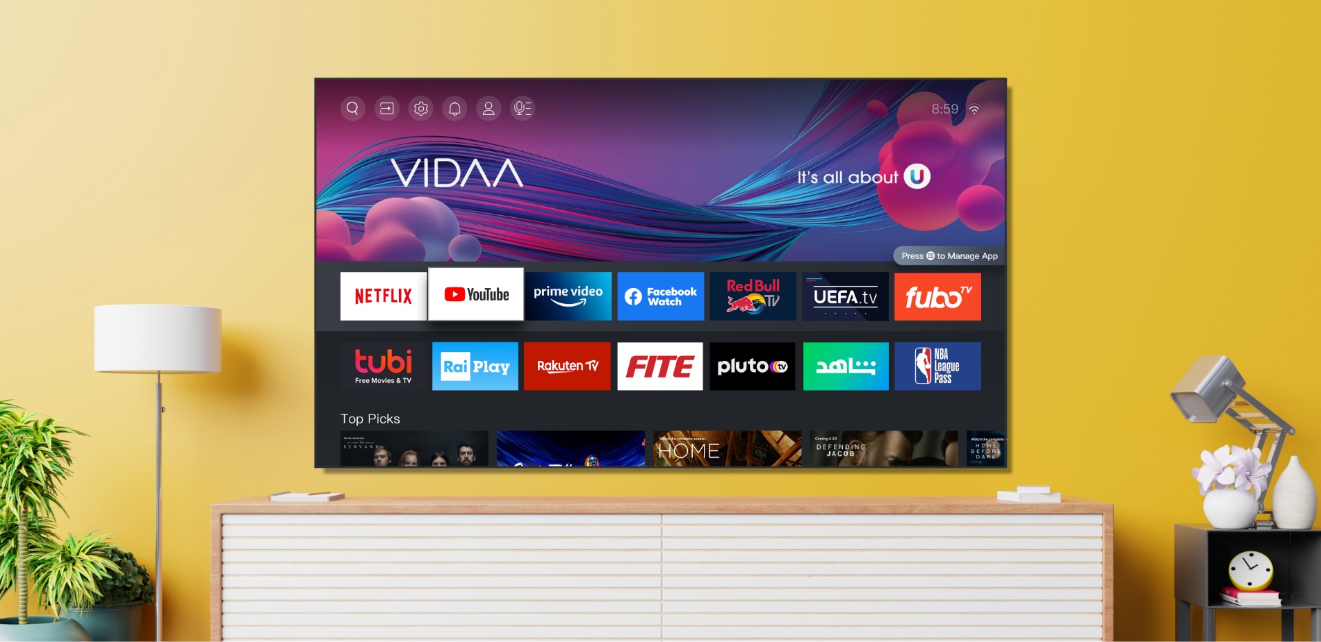 Visual depiction of the VIDAA smart system interface on the Hisense A4G Series Smart FHD TV, showcasing a range of applications and seamless navigation.