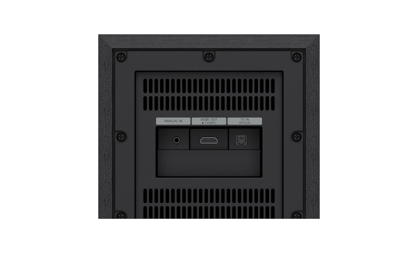 Step-by-step visuals of plugging in the soundbar and connecting color-coded cables.