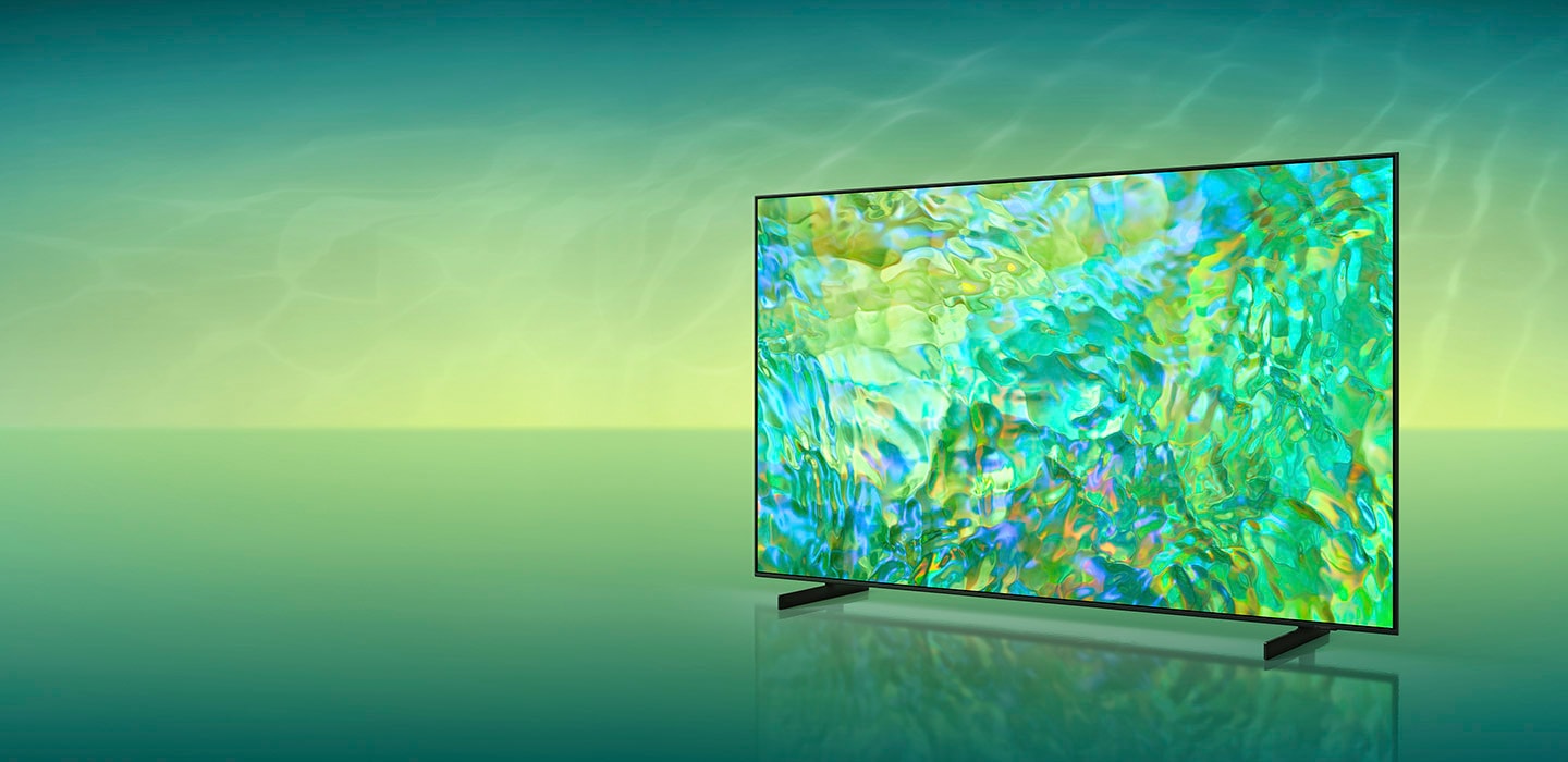 The Samsung CU8000 TV displayed in a stylish living room setting, showcasing its slim design and vibrant visuals.