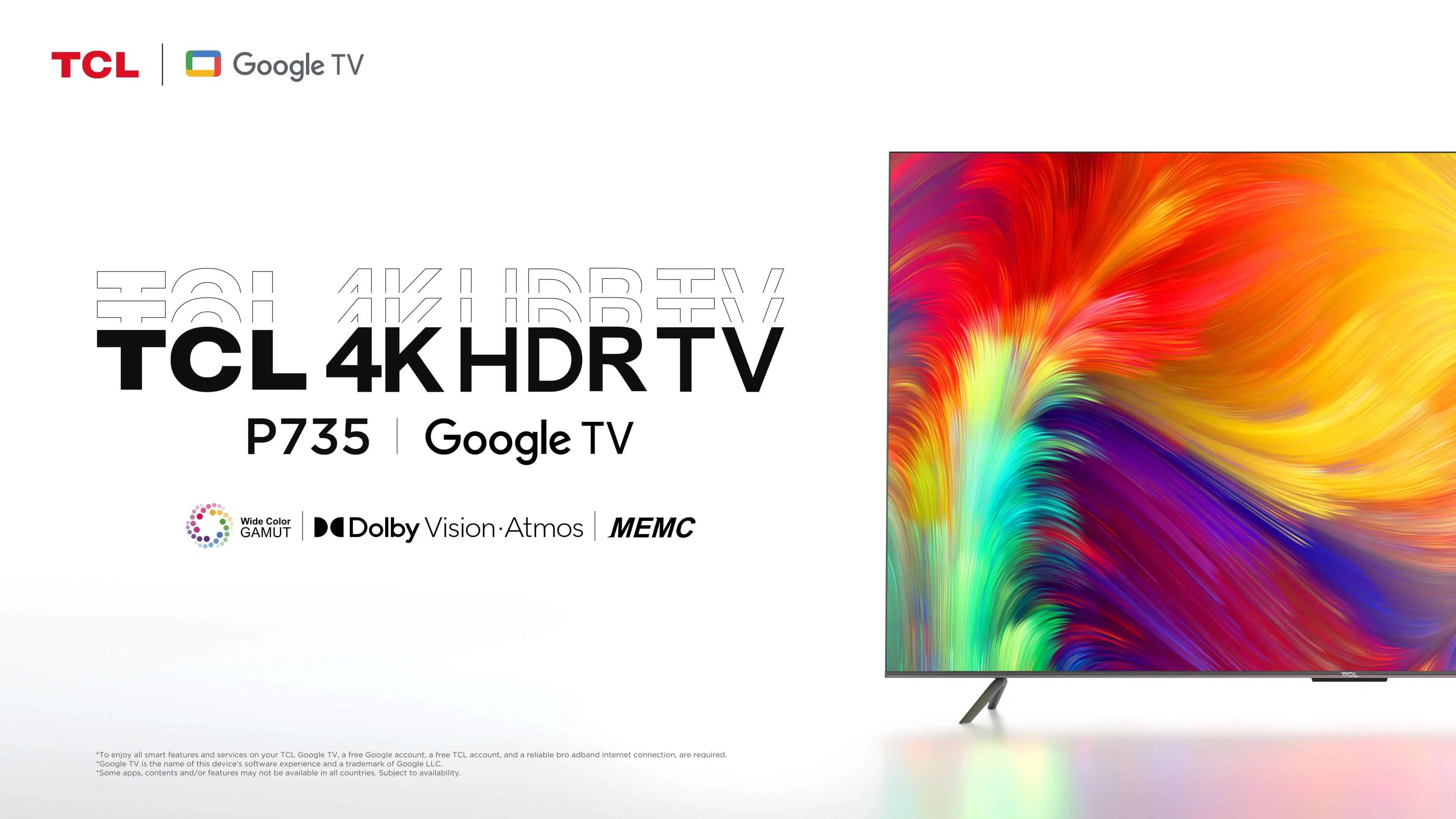 A high-quality image of the TCL P735 Smart 4K LED Google TV with Dolby Atmos showcasing its sleek design and edgeless screen.