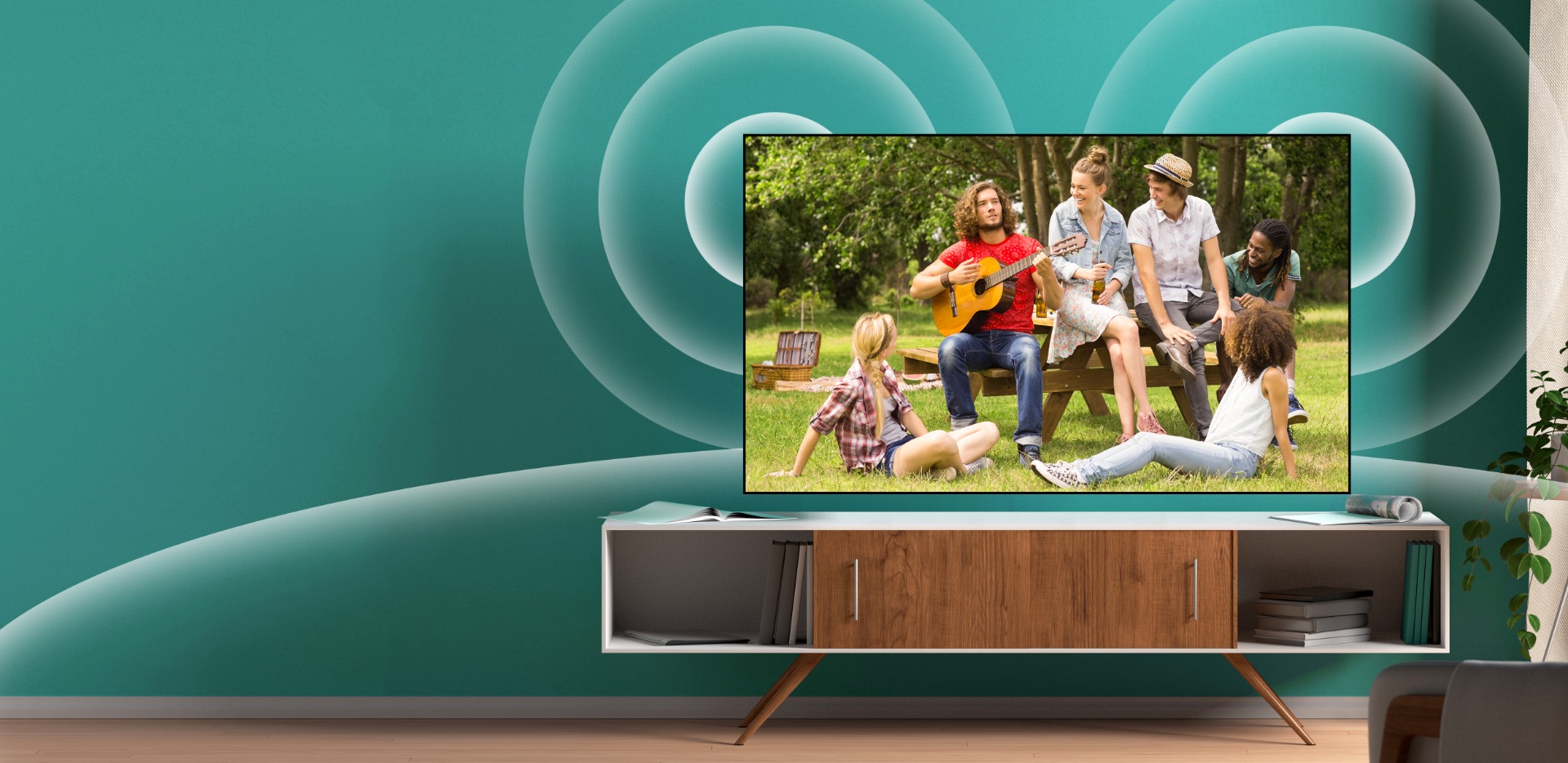 Image highlighting the Dolby Audio technology on the Hisense A4G Series Smart FHD TV, delivering immersive sound quality and realistic surround sound effects.