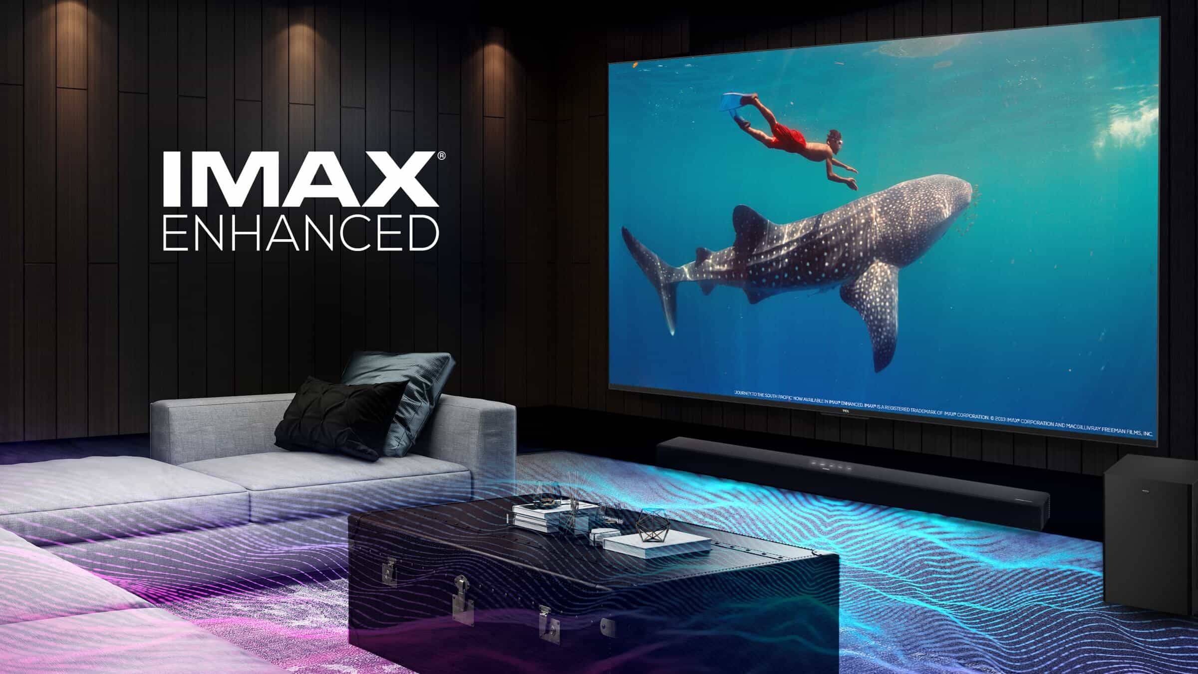 A cinematic home theater setup featuring the TCL C745 TV, adorned with IMAX Enhanced certification.